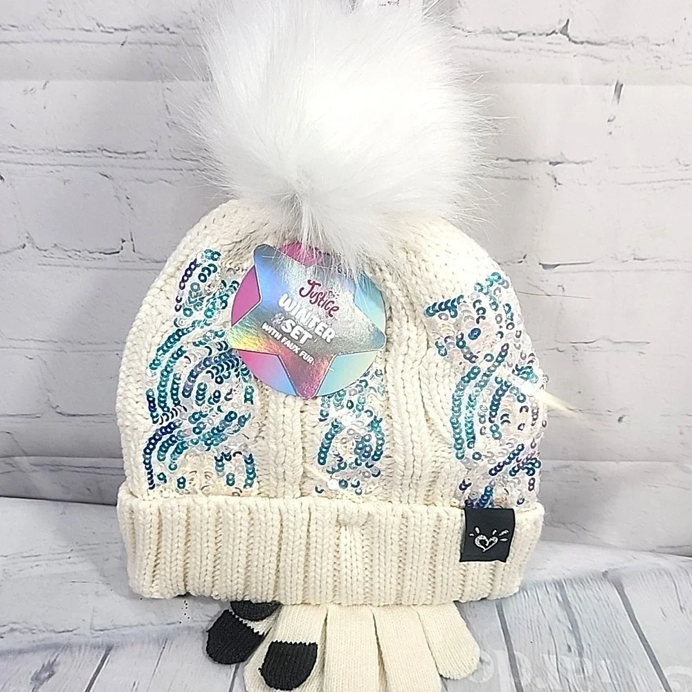 Justice Girls WHITE CBL Knit Sequin Beanie w/faux fur & Gloves 2-Piece Set NWT